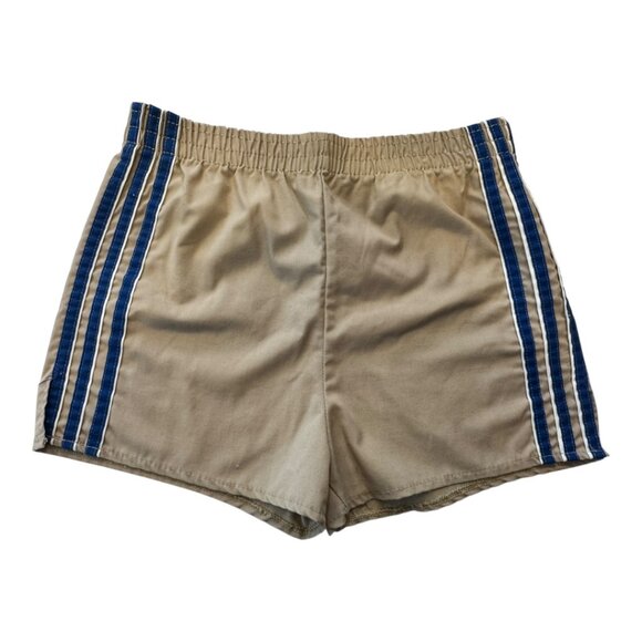 Vintage Rob Roy 80s Running Shorts Tan Blue Stripe USA Track Gym Size 14 - Picture 1 of 10
